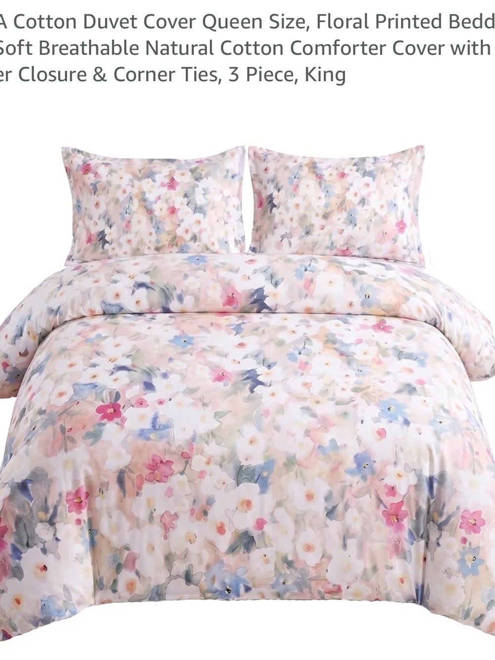 Floral Watercolor Cotton Duvet Cover Set - Pink & Blue